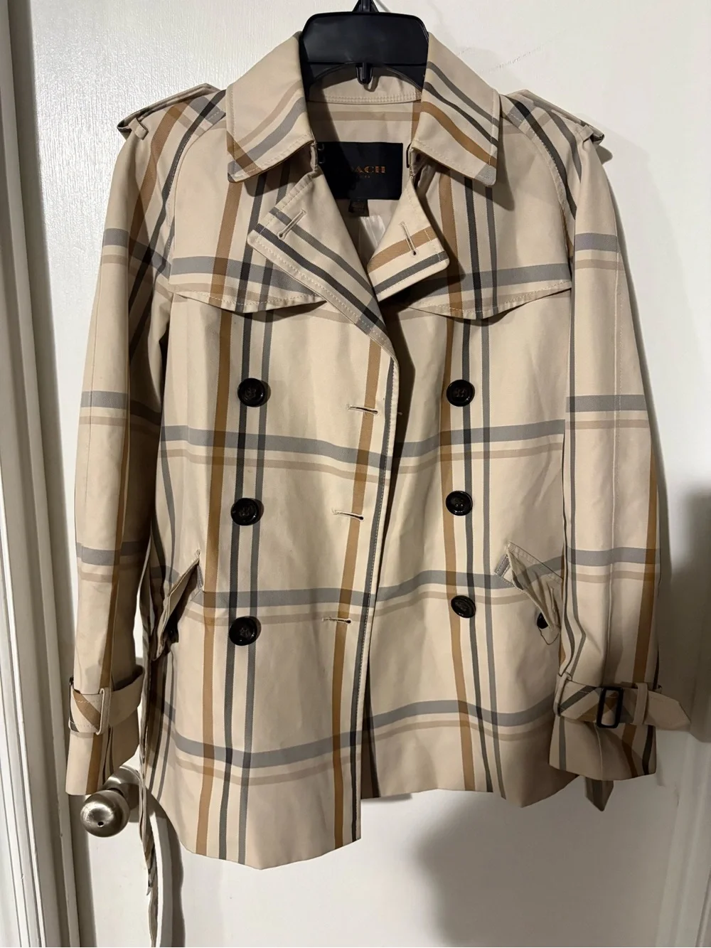 Coach Beige Plaid Short Trench Coat